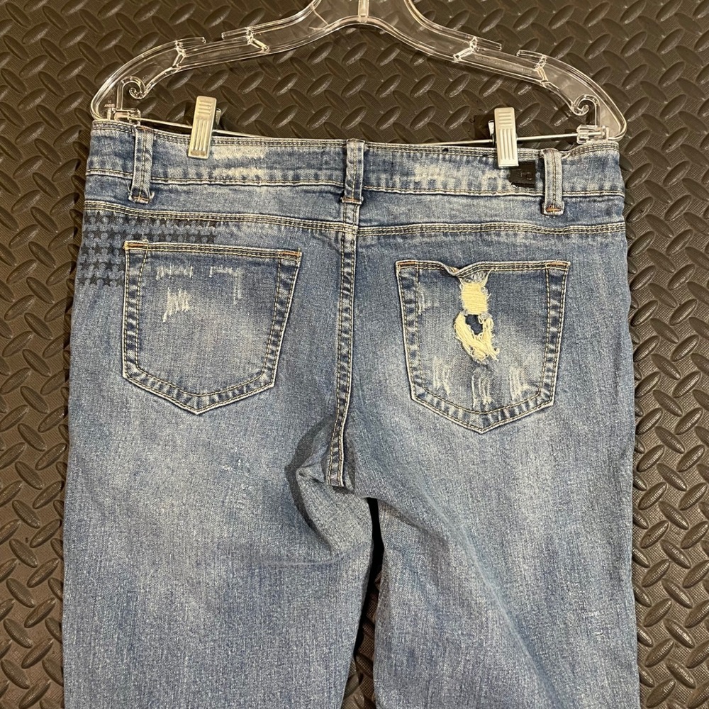 Black Crystal Blue Light Washed Distressed Denim Mid Rise Skinny Jeans Women‎ 9 - Picture 3 of 12